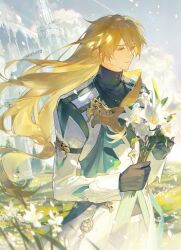 Rule 34 | 1boy, black gloves, blonde hair, bouquet, closed mouth, cloud, flower, gloves, hair between eyes, half-closed eyes, high collar, highres, holding, holding bouquet, honkai: star rail, honkai (series), jacket, lily (flower), long eyelashes, long hair, long sleeves, looking to the side, luocha (honkai: star rail), male focus, renjian shilian, solo, standing, upper body, white flower, wind