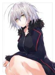 Rule 34 | 1girl, black dress, black jacket, blush, breasts, brown eyes, closed mouth, commentary request, dress, fate/grand order, fate (series), fur-trimmed jacket, fur-trimmed sleeves, fur trim, hair between eyes, jacket, jeanne d&#039;arc (fate), jeanne d&#039;arc alter (fate), jeanne d&#039;arc alter (ver. shinjuku 1999) (fate), long sleeves, looking at viewer, medium breasts, official alternate costume, open clothes, open jacket, silver hair, solo, white background, wicked dragon witch ver. shinjuku 1999, yuki maccha (yukimattya10)