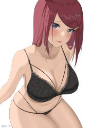 Rule 34 | 1girl, absurdres, black bra, black panties, blue eyes, blush, bra, breasts, byeon dha, cleavage, collarbone, hair ornament, hairclip, highres, lace, lace-trimmed bra, lace trim, large breasts, lips, long hair, looking at viewer, mature female, naruto, naruto (series), naruto shippuuden, panties, parted lips, raised eyebrows, red hair, simple background, sitting, solo, straight hair, twitter username, underwear, underwear only, uzumaki kushina, white background