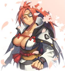 Rule 34 | 1girl, 2017, amputee, armor, baiken, breasts, cape, cherry blossoms, cleavage, closed mouth, collarbone, dated, eyebrows, eyelashes, eyepatch, facial mark, forehead mark, guilty gear, guilty gear xrd, hair intakes, high ponytail, japanese armor, japanese clothes, kimono, kote, lips, long hair, looking up, obi, one-eyed, open clothes, open kimono, petals, pink eyes, pink hair, pink lips, popped collar, raised eyebrows, rope, sash, scar, scar across eye, scar on face, shimenawa, skull, smile, solo, spiked hair, tassel, twitter username, zaki (narashigeo)