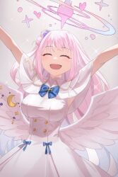 Rule 34 | 1girl, :d, ^ ^, angel wings, armpits, arms up, blue archive, blunt bangs, capelet, closed eyes, commentary request, dress, feathered wings, flower, hair flower, hair ornament, hair scrunchie, halo, highres, kis sako, long hair, looking at viewer, mika (blue archive), one side up, open mouth, outstretched arms, pink hair, school uniform, scrunchie, sidelocks, simple background, sleeveless, sleeveless dress, smile, solo, spread arms, white background, white capelet, white dress, white wings, wings