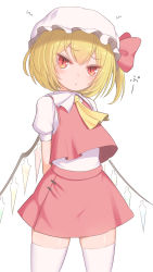 Rule 34 | 1girl, arms behind back, ascot, blonde hair, blush, bow, closed mouth, commentary request, cowboy shot, crystal, flandre scarlet, flat chest, hair between eyes, hair bow, harunoha, hat, highres, looking at viewer, mob cap, o3o, one side up, puffy short sleeves, puffy sleeves, red bow, red eyes, red skirt, red vest, short hair, short sleeves, simple background, skirt, slit pupils, solo, thighhighs, touhou, tsurime, vest, white background, white hat, white thighhighs, wings, yellow ascot