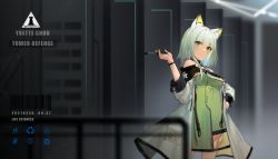 Rule 34 | 1girl, absurdres, animal ear fluff, animal ears, arknights, arrow (symbol), bare shoulders, breasts, chinese commentary, commentary request, cowboy shot, dress, green dress, green eyes, hand up, highres, holding, huge filesize, kal&#039;tsit (arknights), long sleeves, looking at viewer, medium breasts, off-shoulder dress, off shoulder, recycling symbol, rhodes island logo (arknights), short hair, silver hair, solo, standing, yvettechou
