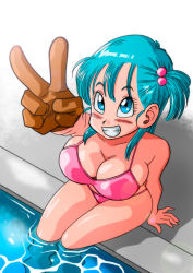 Rule 34 | 1girl, arm support, arm up, bare arms, bare legs, bare shoulders, bikini, bikini bottom only, blue eyes, blue hair, blush, breasts, brown gloves, bulma, cleavage, clenched teeth, dragon ball, dragon ball (classic), feet in water, female focus, from above, gloves, groin, hair bobbles, hair ornament, hand up, happy, large breasts, legs, light blush, long hair, looking at viewer, nose blush, one side up, partially submerged, pink bikini, pool, side ponytail, single glove, sitting, smile, solo, swimsuit, teeth, thighs, water, yamamoto doujin