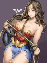 Rule 34 | 1girl, artist name, bare shoulders, blue skirt, bracer, breasts, brown eyes, brown hair, cleavage, closed mouth, collarbone, commentary, dated, dc comics, dutch angle, highres, holding, holding rope, kumiko shiba, large breasts, lasso, leotard, lips, long hair, looking at viewer, pteruges, purple background, rope, shield, simple background, skirt, solo, standing, superhero costume, thighs, tiara, wonder woman, wonder woman (series)