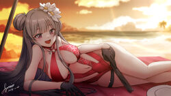 Rule 34 | 1girl, :d, beach, beach towel, bikini, black gloves, blurry, breasts, casual one-piece swimsuit, cleavage, dated, depth of field, flower, gloves, goddess of victory: nikke, grey hair, hair bun, hair flower, hair ornament, half gloves, highres, holding, large breasts, light blush, long hair, looking at viewer, lying, ocean, official alternate costume, on side, one-piece swimsuit, open mouth, orange theme, red bikini, red eyes, sand, signature, smile, solo, swimsuit, towel, umajyeness, yan (nikke), yan (sunrise market) (nikke)
