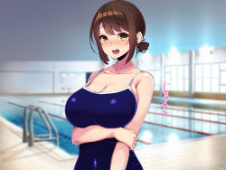 Rule 34 | 1girl, bare shoulders, blurry, blurry background, blush, boku dake ni gohoubi wo kureru yuuki-sensei, breasts, brown hair, cleavage, embarrassed, eyebrows hidden by hair, female focus, hand on own arm, highres, indoors, large breasts, looking at viewer, one-piece swimsuit, open mouth, original, pool, shiny clothes, short hair, short ponytail, solo, sound effects, standing, swimsuit, upper body, water, yarebadekiruko, yellow eyes