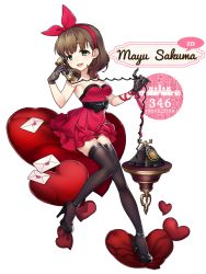 Rule 34 | 10s, 1girl, antique phone, arm ribbon, artist name, black gloves, black thighhighs, brown hair, character name, dress, full body, gloves, green eyes, hair ribbon, hairband, heart, heart-shaped pillow, high heels, idolmaster, idolmaster cinderella girls, lace, lace gloves, letter, love letter, open mouth, phone, pillow, polka dot, polka dot dress, red dress, ribbon, rotary phone, sakuma mayu, short hair, sitting, smile, solo, strapless, strapless dress, talking on phone, thighhighs, transparent background, zn (zzzzzni)