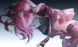 Rule 34 | 1girl, absurdres, arknights, armpits, arms up, bare arms, bare shoulders, breasts, cleavage, commentary, dress, gradient background, grey background, hair between eyes, highres, long hair, looking at viewer, medium breasts, no shoes, parted lips, purple eyes, red hair, short dress, solo, surtr (arknights), thighhighs, thighs, tuzhate