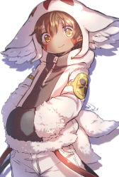 Rule 34 | 1boy, animal ear fluff, animal ears, animal hood, bandam, belt, blush, brown hair, cosplay, cowboy shot, drop shadow, facepaint, fake animal ears, faputa, faputa (cosplay), fur trim, hands in pocket, highres, hood, hood up, hoodie, long sleeves, looking at viewer, made in abyss, male focus, multiple tails, pants, regu (made in abyss), shade, simple background, slit pupils, smile, solo, tail, white background, white pants, zipper