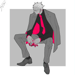 Rule 34 | 1boy, absurdres, black shirt, blonde hair, donquixote doflamingo, earrings, eyes visible through eyewear, grey background, highres, invisible chair, jacket, jacket on shoulders, jewelry, limited palette, male focus, necktie, one piece, parted lips, red necktie, shirt, short hair, signature, sitting, sk c ii, solo, sunglasses