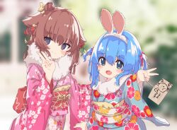 Rule 34 | 2girls, :d, absurdres, animal ears, aoi tori, blue eyes, blue hair, blue kimono, blurry, blurry background, blush, bow, brown hair, chinese zodiac, closed mouth, commentary request, depth of field, ema, fang, floral print, flower, fur collar, hair between eyes, hair bow, hair bun, hair flower, hair ornament, hairband, highres, japanese clothes, kimono, long hair, long sleeves, looking at viewer, multiple girls, obi, open mouth, original, pink bow, pink kimono, print kimono, rabbit ears, red flower, sash, smile, teru-chan (aoi tori), translation request, triple bun, two side up, white hairband, wide sleeves, year of the rabbit