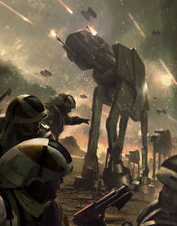 Rule 34 | 4boys, armor, artist request, at-at, battle, desert, dutch angle, energy cannon, energy gun, explosion, galactic empire, helmet, highres, laser, male focus, mecha, military, military uniform, multiple boys, ray gun, realistic, rebel alliance, robot, science fiction, soldier, spacecraft, star wars, starfighter, tie bomber, tie fighter, uniform, war, weapon