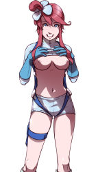 Rule 34 | 10s, 1girl, bad deviantart id, bad id, blue eyes, breasts, clothes lift, creatures (company), dave cheung, game freak, gloves, gym leader, medium breasts, navel, nintendo, nipples, open mouth, pokemon, pokemon bw, red hair, shirt lift, shorts, simple background, skyla (pokemon), smile, solo, white background