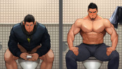 Rule 34 | 2boys, abs, bar censor, bara, bathroom, black eyes, black hair, blush, bottomless, bulge, censored, facial hair, flaccid, goatee, grey pants, holding, holding phone, large pectorals, male focus, multiple boys, muscular, muscular male, navel, necktie, nipples, original, outstretched arms, paid reward available, pants, pectorals, phone, paid reward available, short hair, spiked hair, spread arms, spread legs, stubble, tarutoru, thick thighs, thighs, toilet use, topless male, undercut