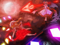 Rule 34 | 2girls, absurdres, aerial battle, battle, blonde hair, blouse, boots, bow, brooch, clock, cross, eye contact, female focus, flandre scarlet, flying, full moon, grin, hat, hat ribbon, highres, jewelry, knee boots, kneehighs, laevatein, light purple hair, looking at another, mary janes, mister rhino (wangzisama1001), mob cap, moon, multiple girls, outstretched arm, red eyes, red moon, red sky, remilia scarlet, ribbon, roman numeral, shirt, shoes, short hair, short sleeves, siblings, side ponytail, sisters, skirt, skirt set, sky, slit pupils, smile, socks, spear the gungnir, touhou, white legwear, wings, wrist cuffs