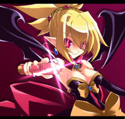 Rule 34 | 1girl, aiming, aiming at viewer, blonde hair, bow, bright pupils, disgaea, dress, lowres, makai senki disgaea 2, nippon ichi, pointy ears, rozalin, slit pupils, solo, strapless, strapless dress, tooya, touya (the-moon), yellow bow