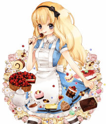 Rule 34 | 1girl, :q, alice (alice in wonderland), alice in wonderland, apron, bad id, bad pixiv id, blonde hair, cake, checkerboard cookie, chocolate, coffee, cookie, cup, curly hair, daisy, dress, flower, food, fork, frills, fruit, fruit tart, hairband, long hair, macaron, mont blanc (food), pastry, purple eyes, ribbon, rose, sami (3a3i3a3i), short sleeves, solo, strawberry, strawberry shortcake, striped clothes, striped thighhighs, tart (food), teacup, thighhighs, tongue, tongue out