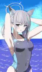 Rule 34 | 1girl, animal ear fluff, animal ears, arms behind head, black one-piece swimsuit, blue archive, blue eyes, blue sky, breasts, cloud, competition swimsuit, covered navel, cross hair ornament, day, extra ears, grey hair, hair ornament, halo, hamachi8, highres, horizon, low ponytail, medium breasts, medium hair, mismatched pupils, multicolored clothes, multicolored swimsuit, ocean, official alternate costume, one-piece swimsuit, outdoors, shiroko (blue archive), shiroko (swimsuit) (blue archive), sky, solo, swimsuit, wet, wet clothes, wet swimsuit, wolf ears