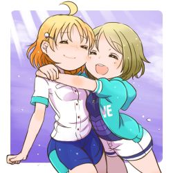 Rule 34 | 2girls, :d, ^ ^, ahoge, anchor necklace, aqua jacket, blue shirt, blue shorts, cheek-to-cheek, clenched hand, closed eyes, commentary request, hair ornament, hairclip, heads together, hood, hood down, hooded jacket, hug, jacket, jewelry, light brown hair, love live!, love live! sunshine!!, morimaiko, multiple girls, necklace, open mouth, shirt, short hair, short shorts, short sleeves, shorts, smile, takami chika, watanabe you, white shirt, white shorts
