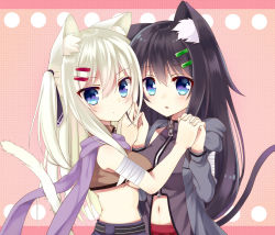 Rule 34 | 2girls, animal ears, bad id, bad pixiv id, bandages, black hair, blue eyes, breasts, cat ears, cat tail, hair ornament, hair ribbon, hairclip, holding hands, highres, interlocked fingers, long hair, looking at viewer, medium breasts, midriff, multiple girls, navel, open mouth, original, pink background, ribbon, scarf, tail, twintails, underboob, white hair, yatsuki yura, zipper