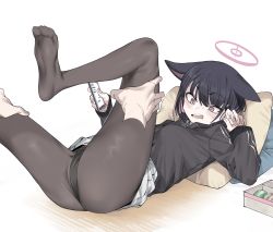 Rule 34 | 1girl, animal ears, black hair, black panties, black pantyhose, blue archive, cellphone, disembodied hand, feet up, food, highres, holding, holding phone, kazusa (blue archive), long sleeves, lying, macaron, on back, open mouth, panties, pantyhose, phone, pillow, short hair, simple background, skirt, smartphone, underwear, urec, white background, white skirt