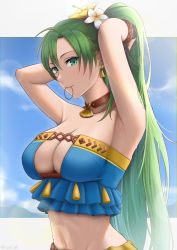 Rule 34 | 1girl, adjusting hair, armpits, arms up, asymmetrical bangs, bare arms, bare shoulders, bikini, blue bikini, border, breasts, cleavage cutout, clothing cutout, cloud, earrings, eyebrows hidden by hair, eyes visible through hair, fire emblem, fire emblem: the blazing blade, fire emblem heroes, flower, frills, furo atsushi, green eyes, green hair, hair between eyes, hair flower, hair ornament, hair tie, hair tie in mouth, high ponytail, highres, jewelry, large breasts, lens flare, lips, long hair, looking at viewer, lyn (fire emblem), lyn (summer) (fire emblem), midriff, mouth hold, navel, neck, necklace, nintendo, official alternate costume, sky, smile, solo, strapless, strapless bikini, swimsuit, tassel, tassel earrings, tying hair, very long hair, water drop, wet, white border, white flower, yellow flower