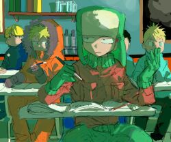 Rule 34 | 5boys, blonde hair, blue eyes, book, book stack, bookshelf, butters stotch, character request, child, classroom, commentary, commentary request, desk, facing viewer, fur hat, gloves, green gloves, green headwear, green pants, hat, hood, hood up, jacket, kenny mccormick, kyle broflovski, male focus, multiple boys, on chair, open book, orange jacket, painting (medium), pants, pen, pure to ma, school desk, sitting, south park, stan marsh, traditional media