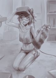 Rule 34 | 1girl, animal ears, breasts, collarbone, controller, crop top, crop top overhang, game controller, gamepad, greyscale, head-mounted display, highres, jiffic, midriff, monochrome, monster girl, navel, open mouth, original, raccoon ears, raccoon tail, seiza, shorts, sitting, small breasts, solo, tail, tanuki, virtual reality