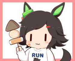 Rule 34 | 1girl, :3, animal ears, black hair, blush stickers, border, chibi, closed mouth, clothes writing, english text, food, gomashio (goma feet), hair ornament, hairclip, hand up, holding, holding food, horse ears, horse girl, horse print, horse tail, long sleeves, oden, pink border, print shirt, puffy long sleeves, puffy sleeves, shirt, sleeves past wrists, solo, swept bangs, tail, umamusume, upper body, white background, white shirt, winning ticket (umamusume), | |