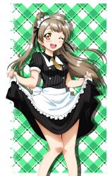Rule 34 | 1girl, ;d, alternate costume, apron, black bow, black ribbon, black shirt, black skirt, blush, bow, brown hair, brown necktie, enmaided, floating hair, frilled apron, frills, gemini nat, hair ribbon, highres, long hair, love live!, love live! school idol project, maid, maid headdress, minami kotori, necktie, one eye closed, open mouth, orange eyes, ribbon, shirt, short necktie, short sleeves, side ponytail, skirt, skirt hold, smile, solo, standing, striped clothes, striped shirt, vertical-striped clothes, vertical-striped shirt, very long hair, white apron, white bow