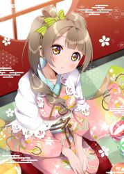 Rule 34 | 1girl, absurdres, blurry, bow, breasts, brown ribbon, closed mouth, commentary request, day, flower, gradient eyes, green bow, hair bow, hands on lap, highres, indoors, lens flare, light blush, light brown hair, looking at viewer, love live!, love live! school idol project, medium breasts, minami kotori, multicolored eyes, panda copt, rainbow, ribbon, seiza, sidelocks, sitting, solo, sparkle, star (symbol), star in eye, striped, striped bow, sunlight, swept bangs, symbol in eye, window, yellow eyes