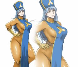 Rule 34 | 1girl, aqua hair, blue tabard, bodysuit, breasts, dragon quest, dragon quest iii, gloves, hand on own hip, hat, large breasts, long hair, mitre, orange bodysuit, parted lips, priest (dq3), shibusun, simple background, smile, solo, square enix, tabard, white background, yellow eyes, yellow gloves, zoom layer