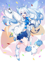 Rule 34 | 1girl, absurdres, ahoge, blue eyes, blue hair, blue shirt, blue shorts, boots, character request, confetti, fairy wings, glowstick, gradient hair, hair between eyes, highres, honkai (series), honkai impact 3rd, horns, id card, jacket, lanyard, long hair, midriff, mihoyo, multicolored hair, open clothes, open jacket, personification, pom pom (cheerleading), shirt, shorts, sleeves past fingers, sleeves past wrists, standing, standing on one leg, sylvia (huajiuhuajiu), two-tone hair, very long sleeves, white hair, white jacket, white legwear, wings, zipper pull tab