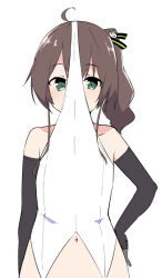 Rule 34 | 1girl, ahoge, bare shoulders, black gloves, blush, brown hair, collarbone, commentary, covered mouth, elbow gloves, gloves, green eyes, hair between eyes, hand on own hip, hololive, leotard, looking at viewer, meme attire, natsuiro matsuri, navel, no panties, playboy bunny, reverse bunnysuit, reverse outfit, side ponytail, simple background, solo, terazip, too literal, upper body, virtual youtuber, wardrobe error, white background, white leotard, you&#039;re doing it wrong
