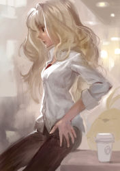 Rule 34 | 1girl, annie belton, blonde hair, brown eyes, buttons, cup, disposable cup, hair intakes, hand on own hip, long hair, matsuda (matsukichi), original, pants, shirt, sitting, sleeves rolled up, solo, wavy hair, white shirt