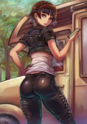 Rule 34 | 1girl, absurdres, ass, blouse, braid, breasts, brown hair, cellphone, cropped jacket, crown braid, from behind, hand on own hip, highres, jacket, large breasts, leather, leather jacket, leather pants, looking at viewer, looking back, niijima makoto, pants, persona, persona 5, persona 5 scramble: the phantom strikers, phone, red eyes, shiny clothes, shirt, short hair, sideboob, solo, toasty scones, white shirt