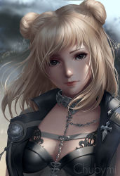 Rule 34 | 1girl, artist name, black eyes, breasts, breasts apart, character request, chuby mi, closed mouth, double bun, final fantasy, final fantasy xiv, hair bun, highres, long hair, looking at viewer, medium breasts, realistic, solo, upper body, watermark