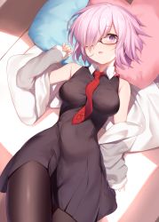 Rule 34 | 1girl, black-framed eyewear, black dress, blush, breasts, brown pantyhose, collarbone, commentary request, dress, fate/grand order, fate (series), glasses, gloves, hair between eyes, hair over one eye, highres, jacket, large breasts, light purple hair, looking at viewer, lying, maosame, mash kyrielight, neckerchief, on back, open mouth, pantyhose, pillow, purple eyes, purple gloves, red neckerchief, short hair, solo