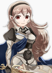 Rule 34 | 1girl, armor, breasts, cape, corrin (female) (fire emblem), corrin (fire emblem), fire emblem, fire emblem fates, nintendo, pointy ears, red eyes, smile, sword, weapon, white hair
