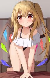 Rule 34 | 1girl, :3, absurdres, all fours, alternate costume, bare legs, bare shoulders, barefoot, bikini, black bikini, blurry, blurry background, blush, collarbone, commentary request, crystal, flandre scarlet, hair between eyes, highres, kirisame oreo, long hair, looking at viewer, no headwear, one side up, red eyes, sidelighting, solo, sparkle, split mouth, swimsuit, touhou, very long hair, wings