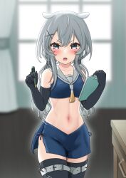 Rule 34 | 1girl, absurdres, black gloves, black thighhighs, blue skirt, breasts, clipboard, cowboy shot, crop top, elbow gloves, fake horns, gloves, gradient neckerchief, grey eyes, grey hair, harurukan, highres, holding, holding clipboard, holding pencil, horned headwear, horns, i-201 (kancolle), kantai collection, long hair, looking at viewer, mole, mole on stomach, navel, neckerchief, nontraditional school swimsuit, pencil, sailor collar, school swimsuit, skirt, small breasts, solo, standing, swimsuit, textless version, thighhighs, white neckerchief, white sailor collar