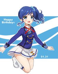 Rule 34 | 1girl, :d, aikatsu!, aikatsu! (series), blue eyes, blue hair, blue jacket, blue scrunchie, blush, boots, commentary request, dated, hair ornament, hair scrunchie, happy birthday, highres, jacket, kiriya aoi, knee boots, long sleeves, nuno (pppompon), open mouth, outstretched arms, pleated skirt, scrunchie, shirt, side ponytail, sidelocks, skirt, smile, solo, white footwear, white shirt, white skirt
