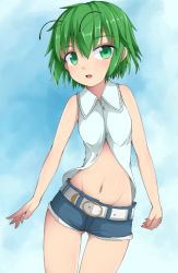 Rule 34 | 1girl, antennae, bare arms, bare shoulders, belt, cowboy shot, gluteal fold, green eyes, green hair, highres, looking at viewer, matching hair/eyes, midriff, navel, open clothes, open mouth, open shirt, shirt, short hair, short shorts, shorts, sleeveless, sleeveless shirt, solo, thighs, touhou, uumaru1869, wriggle nightbug