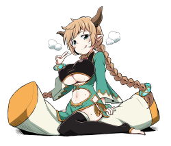Rule 34 | 1girl, :q, black thighhighs, bracelet, braid, breasts, brown hair, carmelina (granblue fantasy), cleavage, draph, granblue fantasy, green eyes, horns, ishimari, jewelry, large breasts, long hair, looking at viewer, midriff, navel, pointy ears, simple background, sitting, solo, sweat, thighhighs, thighs, tongue, tongue out, twin braids, underboob, very long hair, white background