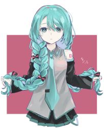 Rule 34 | 1girl, alternate hairstyle, aqua eyes, aqua hair, aqua nails, aqua necktie, bare shoulders, black skirt, black sleeves, bow, braid, cc rock, commentary, cropped torso, dated, detached sleeves, grey shirt, hair bow, hatsune miku, highres, holding, holding own hair, long hair, looking at viewer, miniskirt, nail polish, necktie, parted lips, pleated skirt, shirt, shoulder tattoo, skirt, sleeveless, sleeveless shirt, solo, striped, striped bow, tattoo, twin braids, upper body, very long hair, vocaloid