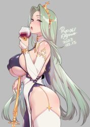 Rule 34 | 1girl, agawa ryou, alcohol, artist name, blush, breasts, bridal gauntlets, brown eyes, commentary, cup, dated, drinking glass, elbow gloves, english commentary, from side, gloves, green hair, grey background, large breasts, long hair, looking at viewer, open mouth, original, simple background, solo, thighhighs, wine, wine glass