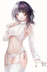 Rule 34 | 1girl, black hair, blush, breasts, caicos, detached sleeves, grey hair, highres, hololive, hololive english, long hair, looking at viewer, medium breasts, meme attire, multicolored hair, navel, panties, shiori novella, solo, split-color hair, sweater, turtleneck, two-tone hair, underwear, virgin destroyer sweater, virtual youtuber, yellow eyes