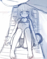 Rule 34 | 1girl, :c, animal ears, beach chair, bikini, blue theme, blush, cat ears, cat tail, chair, flat chest, frown, helma lennartz, izuoku, long hair, looking at viewer, lying, monochrome, navel, on back, sketch, solo, strike witches, strike witches: suomus misfits squadron, swimsuit, tail, umbrella, world witches series