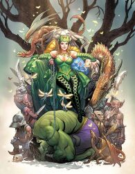 Rule 34 | 1girl, 6+boys, armor, bare shoulders, black footwear, black hair, blonde hair, boots, breasts, cape, chain, chain leash, cleavage, colored skin, corset, detached sleeves, dogeza, dragon, enchantress (marvel), fairy, femdom, frank cho, goblin, green cape, green corset, green headwear, green skin, green sleeves, helmet, holding, holding knife, holding leash, holding polearm, holding weapon, hulk, jewelry, knife, large breasts, leash, long hair, marvel, multiple boys, necklace, polearm, purple shorts, short hair, shorts, sitting, thigh boots, tree, weapon